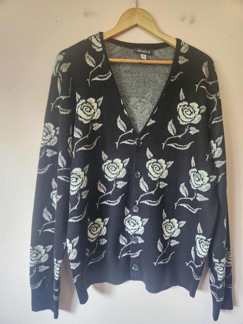 Urban Outfitters Black Rose Jacquard Knit Oversized V-Neck Button Cardigan Med